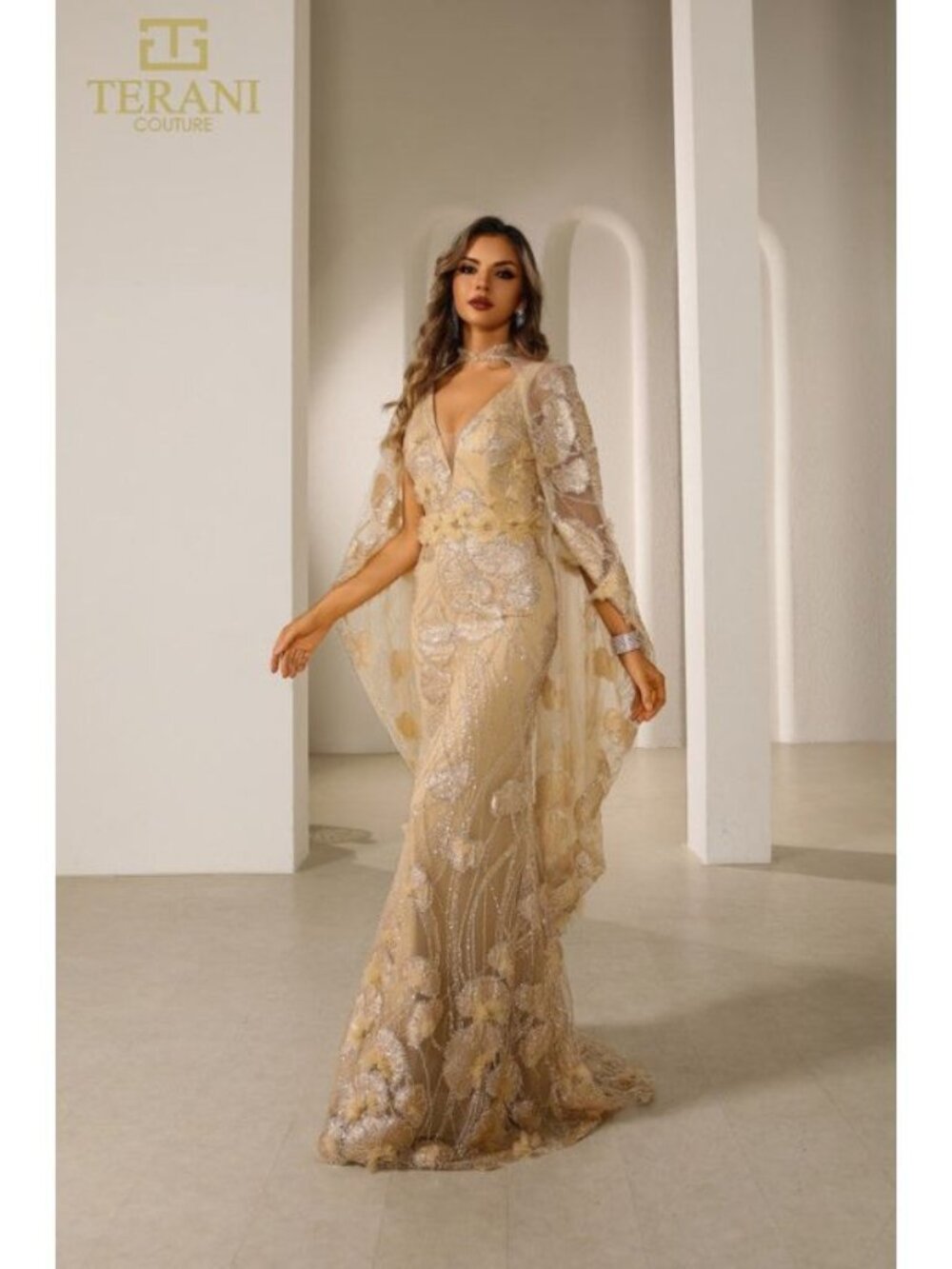 Clearance Light Gold Mother of Bride Wedding Cape Long Evening Dress By 251M4326